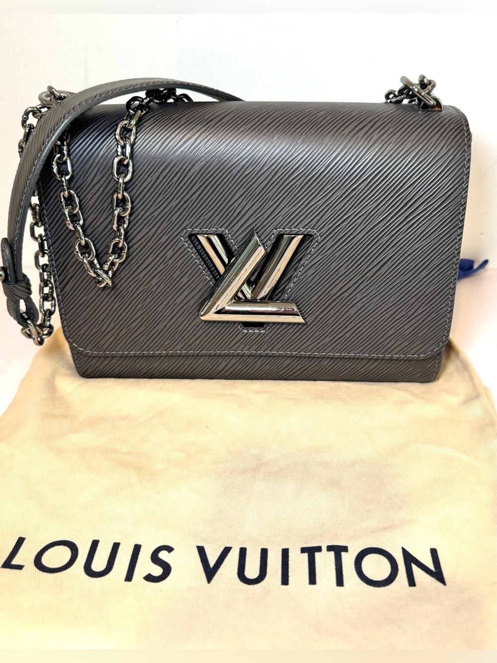 Louis Vuitton Twist MM Shoulder Bag In Grey Epi Leather W Gunmetal Chain Strap